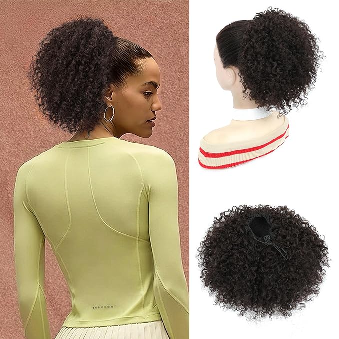 Drawstring Curly Ponytail Extensions for Black Women Protein Silk Fiber Human Hair Soft Feeling Afro Kinky Curly Hair Puff Pony tails Lightweight, Soft Natural Budget-Friendly for Daily Styles