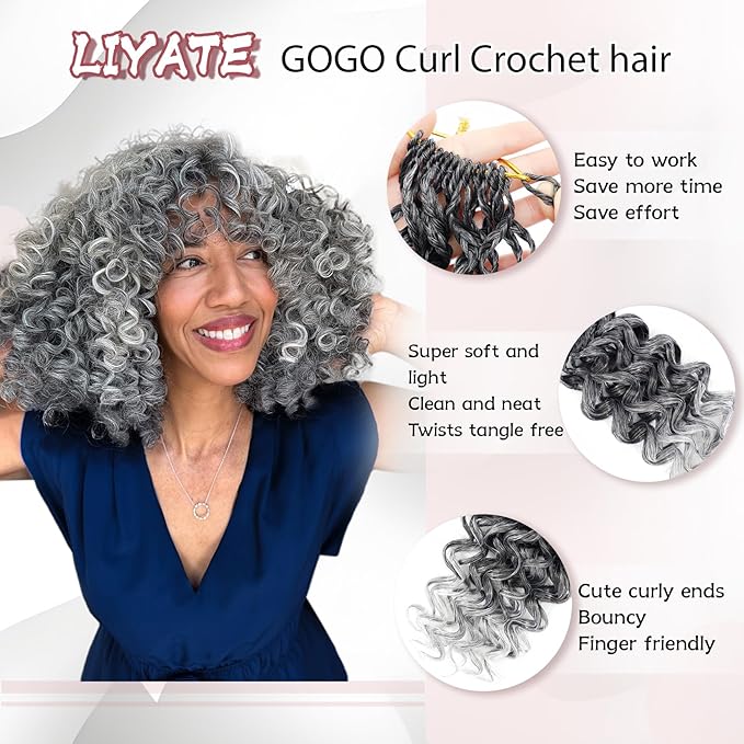 7 Packs Gogo Curl Grey Crochet Hair for Women 18 Inch Pre-Twisted Curly Crochet Hair Pre Looped Deep Ocean Water Wave Beach Curl Crochet Braids Synthetic Braiding Hair Extensions (18 Inch, 1B/Gray)