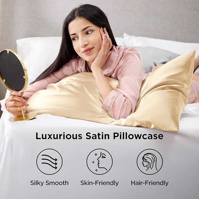 Bedsure Satin Pillowcase 2 Pack Similar to Silk Pillow Cases Standard Size, Pillow Case for Sleeping Women with Envelope Closure, Gifts for Women Men, Champagne Gold, 20x26 Inches, 2pcs
