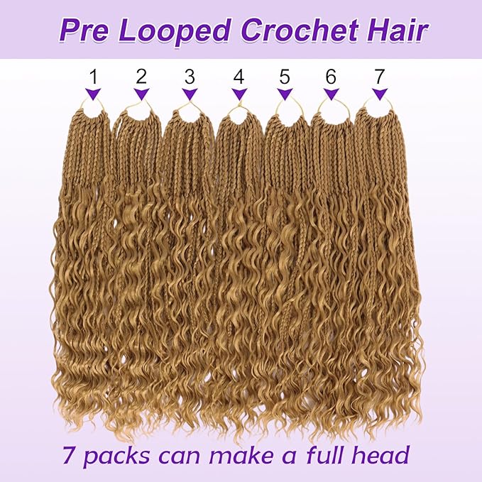 Eacia Goddess Box Braids Crochet Hair 18 Inch 7 Packs Blonde Pre Looped Boho Box Braids Crochet Hair Extensions with Curly Ends Curly Crochet Hair for Women(18 Inch, 27#)