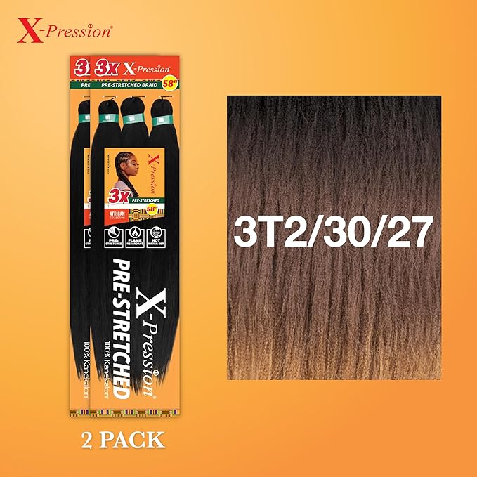 Sensationnel X-pression prestretched braiding hair - 3x braid 58 inch all kanekalon flame retardant synthetic braid for box braids and twists (2 pack, 3T2/30/27)