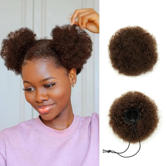 Small Afro Puff Real Human Hair Ponytail 4 Inch for Girls Black Women Short Kinky Curly Ponytail Extension Drawstring Ponytail 4c Fake Bun Children African American Afro Puffs Dark Brown 30g