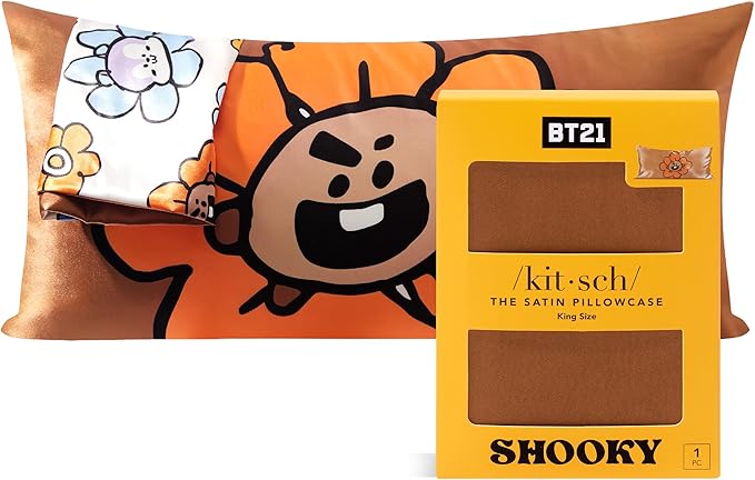 Kitsch x BT21 Satin Pillowcase with Zipper – Better Than Silk Pillowcase, Shooky Character & Funky Floral Print – Soft Cooling Toddler Bed Time Pillow Case for Hair & Skin – King Size 19x36