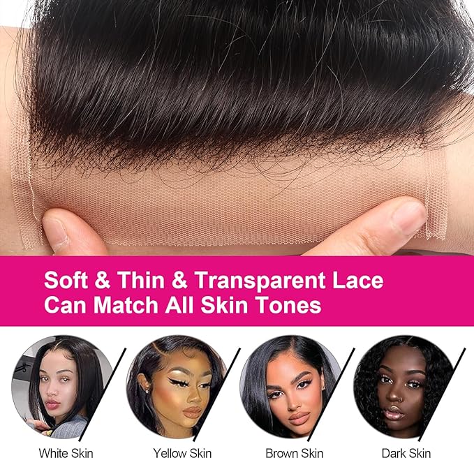 Silky Straight 5x5 Transparent Lace Closure Pre Plucked Invisible knots Lace Frontal Closure Brazilian Virgin Remy Human Hair Closure with Baby Hair Natural Black 12 Inch