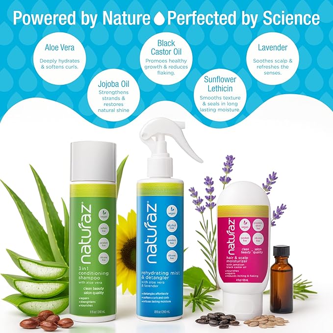 3-Step Moisture Burst System for Tight Curls & Coils with Curly Hair Shampoo, Leave In Conditioner Spray & Hair & Scalp Moisturizer – Softens Dry Hair, Detangles, Boosts Growth & Soothes Scalp