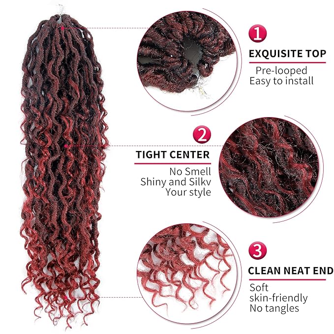 Goddess Locs Crochet Hair 18Inch 8Packs Boho Faux Locs,Burgundy Crochet Locs With Curly Ends River Hippie Locs Bohemian Locs Crochet Hair(1B/BUG, 18inch(Pack of 8))