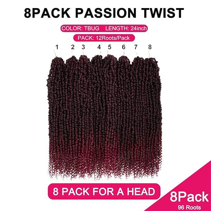 Passion Twist Hair - 8 Packs 24 Inch Passion Twist Crochet Hair For Black Women, Crochet Pretwisted Curly Hair Passion Twists Synthetic Braiding Hair Extensions (24 Inch 8 Packs, TBUG)