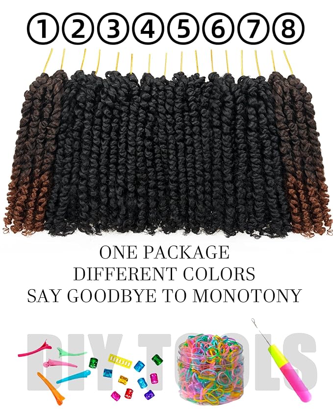Passion Twist Crochet Hair 8 Inch Pre Looped - Mixed Color Combo Pack (6 x 1B + 2 x T1B/30), Pre-twisted Soft & Bouncy Synthetic Braided Hair Extensions For Black Women (8 Inch - 8 Packs, 1B + T30)