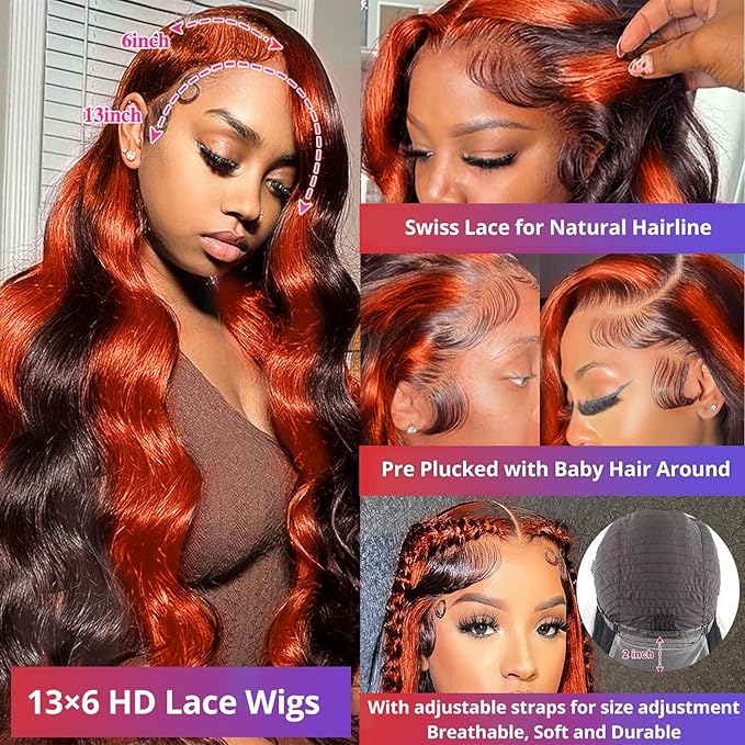 200% Density 13X6 Ginger Lace Front Wigs Human Hair Pre Plucked for Women Ombre 13X6 HD Transparent Ginger Orange wig Glueless Hightlight Lace Front Wigs Human Hair with Baby Hair 34Inch