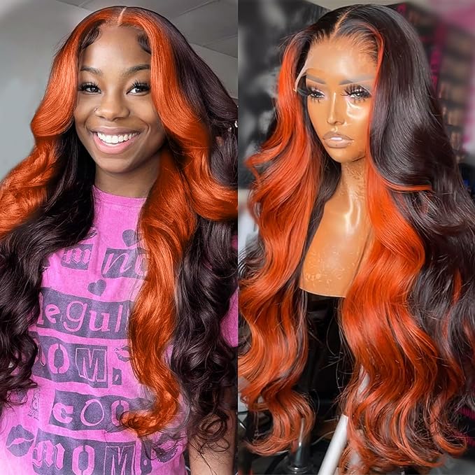 200% Density 13X6 Ginger Lace Front Wigs Human Hair Pre Plucked for Women Ombre 13X6 HD Transparent Ginger Orange Lace Front Wig Human Hair Glueless #350 Colored Lace Front Wigs (28Inch)