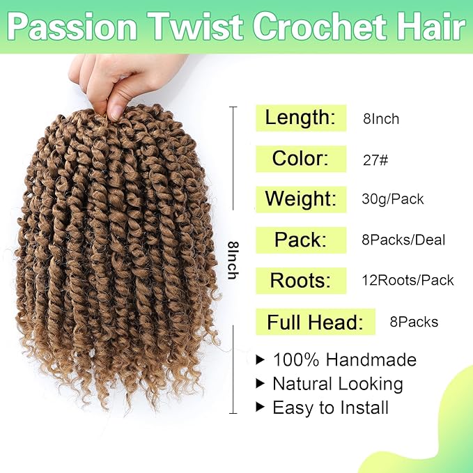 Passion Twist Crochet Hair 8Inch Passion Twist Hair 8 Packs Pre-Twisted Passion Twist Crochet Hair for Black Women Soft Passion Twist Curly Crochet Hair 8"(Pack of 8) 27#