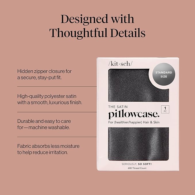 Kitsch Satin Pillowcase with Zipper for Hair & Skin, Softer Than Silk Pillow Cases Queen, Wrinkle-Free, Smooth and Cooling Satin Pillow Covers, Standard Size 19"x26" - Charcoal