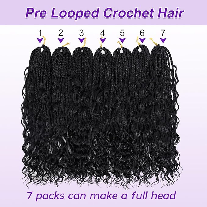 Eacia Goddess Box Braids Crochet Hair 18 Inch 7 Packs Pre looped Boho Braids Crochet Hair Bohemian Box Braid with Curly Ends for Women(18 Inch, 1B#)