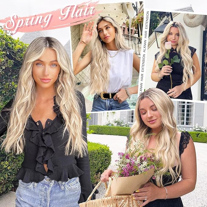 ALXNAN Clip in Long Wavy Synthetic Hair Extension 20 Inch Ash Blonde Mix Highlights 4PCS Thick Hairpieces Fiber Double Weft Hair for Women