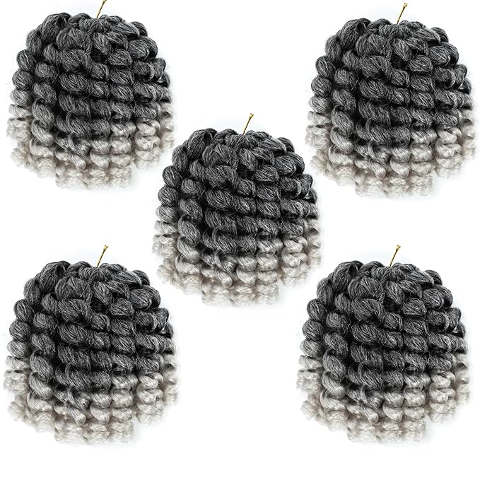 5 Packs 2X Ringlet Wand Curl Jamaican Bounce 8 inch Synthetic Crochet Hair Extensions Silver Grey Ombre Crochet Braiding Hair 20 Roots (8Inch (Pack of 5), TSilver grey)