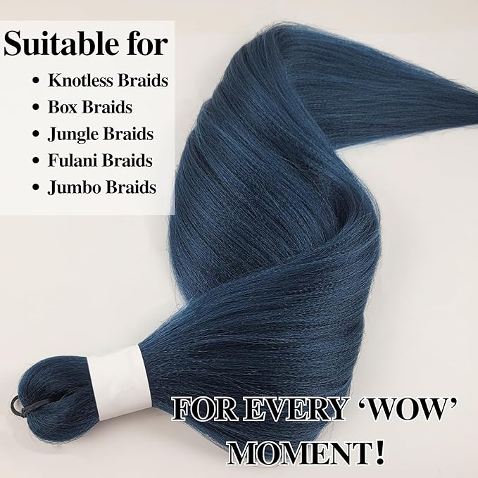 Navy Blue Braiding Hair Pre stretched Hypoallergenic Blue Braiding Hair Extensions for Knotless Braids Prestretched Yaki Texture（Packs of 6,26",21 OZ）