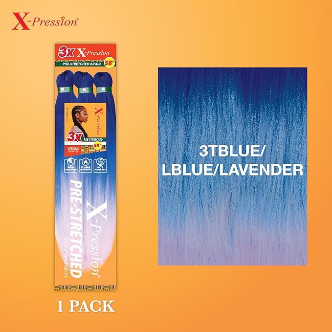 Sensationnel X-pression prestretched braiding hair - 3x braid 58 inch all kanekalon flame retardant synthetic braid for box braids and twists (1 pack, 3TBLUE/LBLUE/LAVENDER)