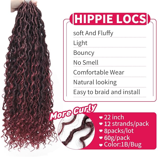 8Packs Goddess Locs Crochet Hair 22Inch Crochet Locs,Boho Faux Loc With Curly Ends River Hippie Bohemian Loc Crochet Hair for Black Women(1B/BUG, 22inch(Pack of 8))