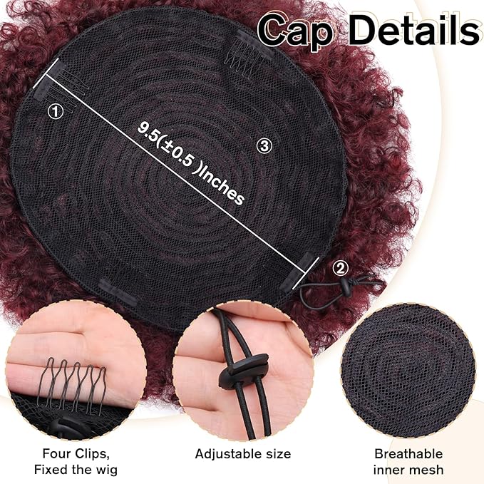 AISI QUEENS Afro Puff Clip On Synthetic Ponytail Extension for Black Women, Ombre Burgundy Short Kinky Bun for for Women Girls(1B/BUG#)