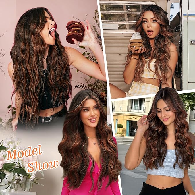 ALXNAN Clip in Long Wavy Synthetic Hair Extension 24 Inch Dark Brown with Reddish Brown Highlights 4PCS Thick Hairpieces Fiber Double Weft Hair for Women