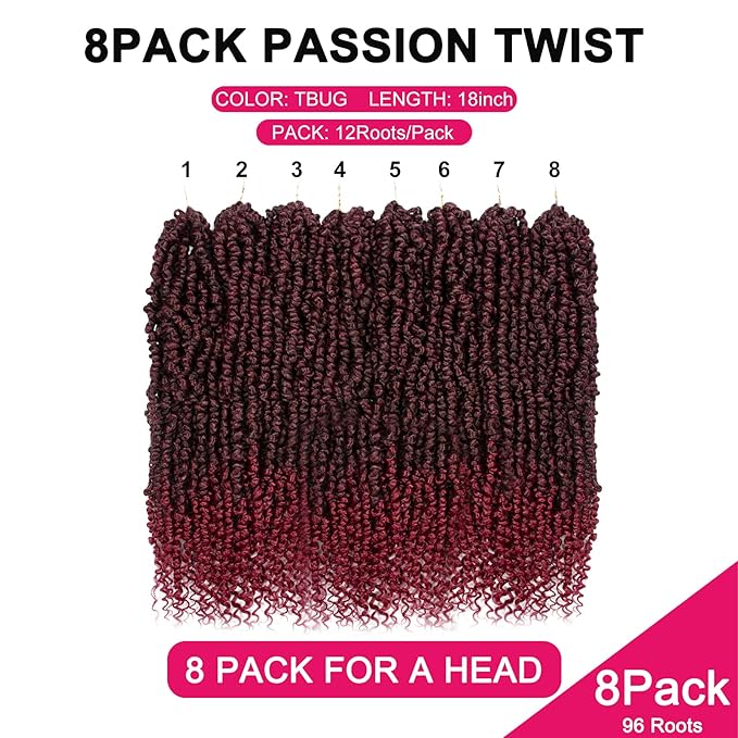 Passion Twist Hair - 8 Packs 18 Inch Passion Twist Crochet Hair For Women, Crochet Pretwisted Curly Hair Passion Twists Synthetic Braiding Hair Extensions (18 Inch 8 Packs, TBUG)