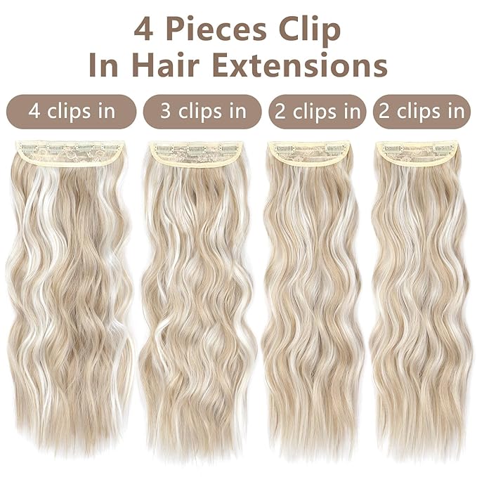 ALXNAN Clip in Long Wavy Synthetic Hair Extension 20 Inch Ash Blonde Mix Highlights 4PCS Thick Hairpieces Fiber Double Weft Hair for Women