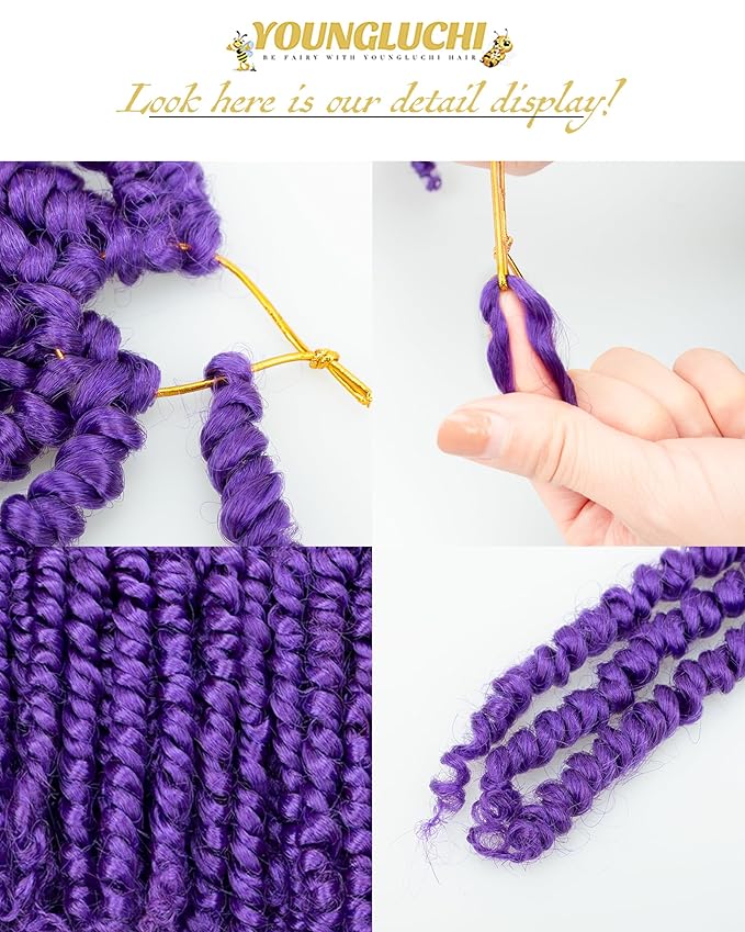 4 Inch 7 Packs Super Short Passion Twist Crochet Hair for Black Women and Kids-Purple Pre Looped Pretwisted Soft Hair Extensions,Braided by Synthetic Spring Kinky Twist Bohemian Curl(4"-7P,Purple)