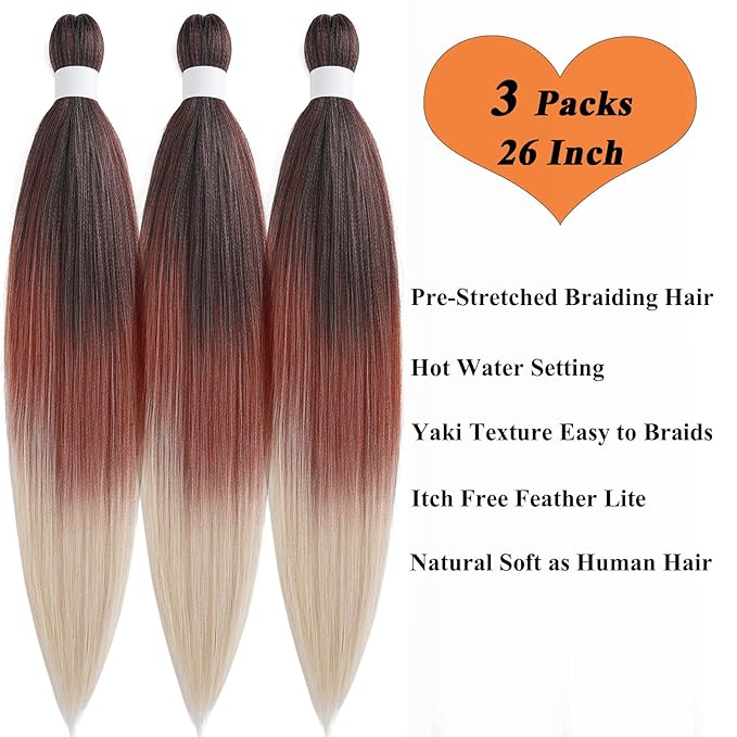 Synthetic Hair For Braids Pre Stretched Braiding Hair Ombre 1b/350/613 Braiding Hair Pre Stretched, Soft Yaki Itch Free Hot Water Setting Braiding Hair Extensions Crochet Hair 26 Inch