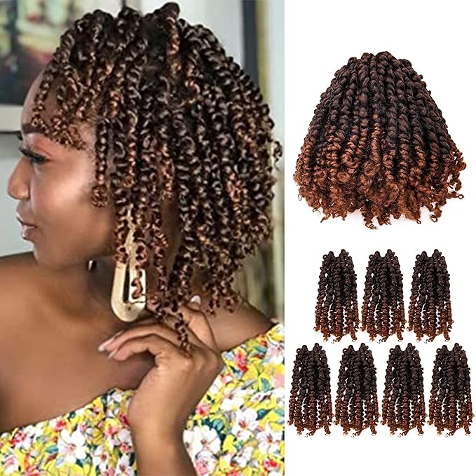 Passion Twist Crochet Hair for Black Women-7 Packs 6 Inches Ombre Brown Short Pre-twisted Pre Looped Crochet hair,Synthetic Braiding Hair Extensions(T1B/30)