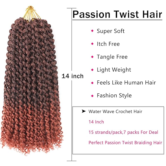 Copper Passion Twist Hair 14 Inch 7 Packs Water Wave Crochet Hair T350# Wrap Braiding Hair For Passion Twist Crochet Hair/Butterfly Locs/Spring Twist Crochet Braids Boho Hair Extension (14 Inch,T350#)