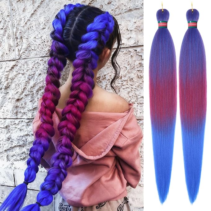 Ombre Blue-Rose Pre stretched Braiding Hair 2 Packs Pre feathered Braid Hair Extensions 30 Inches Synehetic Hair Braids