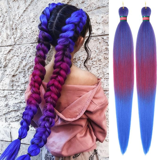 Ombre Blue-Rose Pre stretched Braiding Hair 2 Packs Pre feathered Braid Hair Extensions 30 Inches Synehetic Hair Braids