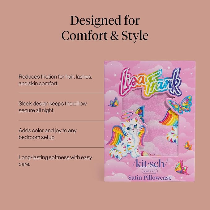 Kitsch x Lisa Frank Satin Pillowcase with Zipper for Hair & Skin, Softer Than Silk Pillow Cases, Wrinkle-Free, Smooth and Cooling Satin Pillow Covers, King Size (19x36) - Angel Kitty