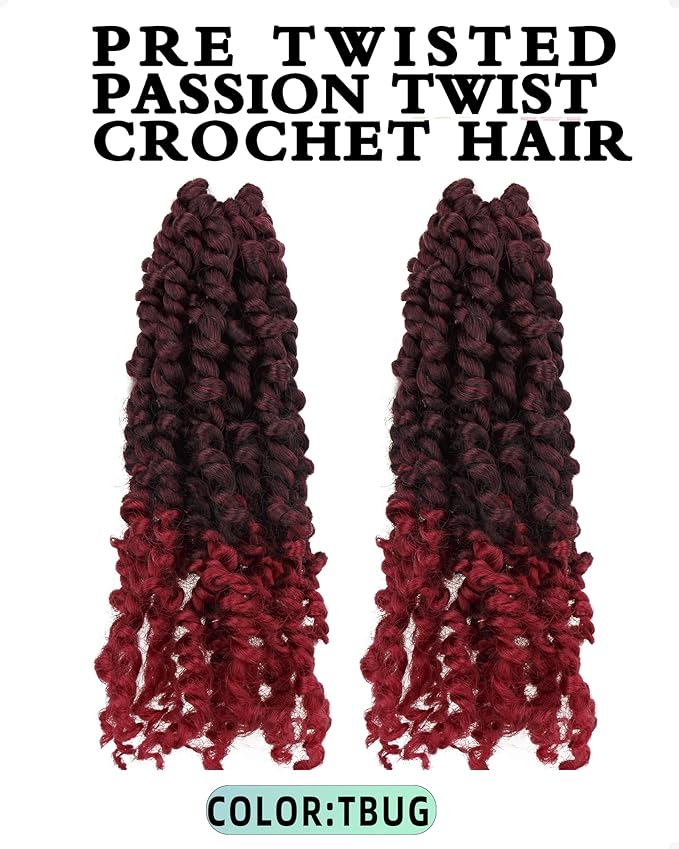 Pre-Twisted Passion Twist Crochet Hair for Black Women Passion Twist Hair Pre Looped Bohemian Braids 10 Inch 2 Packs Ombre Burgundy Short Bob Curly Braiding Hair Extensions(10"-2P,T1B/BUG)