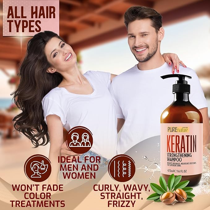 PURE NATURE LUX SPA Keratin Shampoo - Sulfate Free, Strengthening Formula - Repair Damaged and Dry Hair - Products for Women and Men - For Thinning Hair - 16 Fl Oz