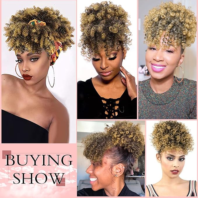 ENTRANCED STYLES Drawstring Ponytail with Bangs Afro Puff Ponytail Extensions for Women Short Curly Puff Ponytail with Bangs Clip in Wrap Updo Hairpiece for Women (T27)
