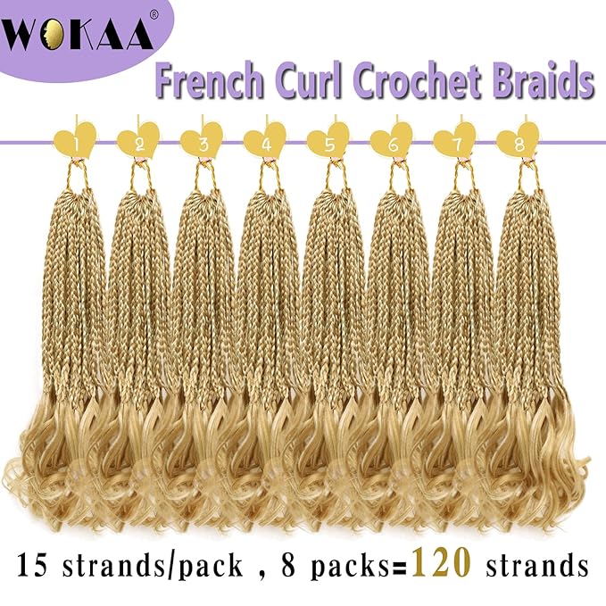 French Curl Crochet Braids 14 Inch Goddess Box Braids Crochet Hair for Women Pre Looped Crochet Box Braid with Curly Ends Synthetic French Curly Braiding Hair Extensions (8 Packs，P27/613)