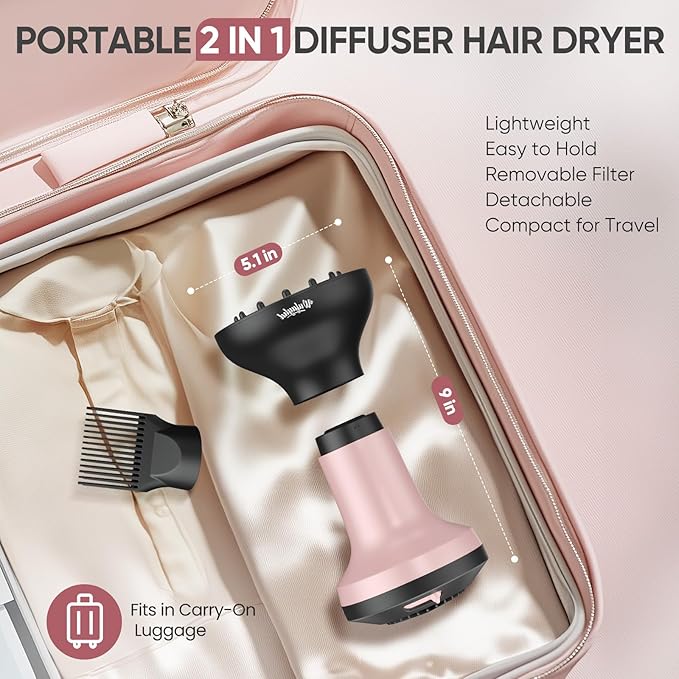 2-in-1 Diffuser Hair Dryer for Curly Hair: 1875W Ionic Hair Dryer w/Comb & Diffuser Attachment, Fast Drying, Reduces Frizz, Anti-Heat Handle Blow Dryer with ALCI Plug, Gift for Women Her