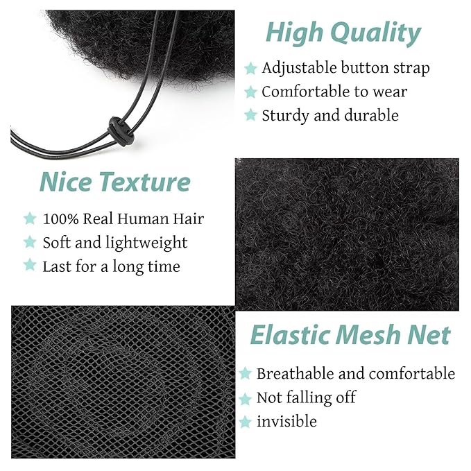 Afro Puff Ponytail for Black Women 100% Human Hair Ponytail Extension Short Updo Hair Buns Small Size Curly Ponytail for Little Girls 2 Clips 4 Inch Jet Black Color ,Soft, And Durable For Repeated Use