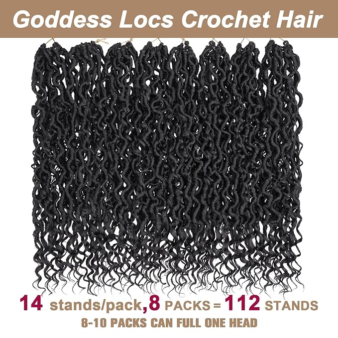 COOKOO 18 Inch 8 Packs (14 Srtands/Pcs) Pre-looped Crochet Goddess Locs with Curly Ends Jet black Soft Faux Locs Wavy Crochet Braiding Hair Pre Curled Goddess bohemian Locs Crochet Hair for Women