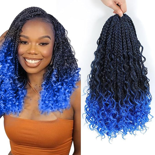 8 Packs Crochet Box Braids- 14 Inch Goddess Box Braids Crochet Hair Bohomian Crochet Braids Hair Synthetic Braiding Hair Extensions Crochet Hair for Black Women (14(8Packs), 1B/Blue)