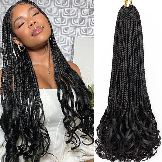 French Curl Crochet Braids 22 Inch Goddess Box Braids Crochet Hair for Women 8 Packs Pre Looped Crochet Box Braid with Curly Ends Synthetic French Curly Braiding Hair Extensions (1B#)