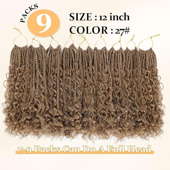 Goddess Box Braids Crochet Hair 12 Inch Boho Crochet Box-Braids With Curly Ends, 9 Packs Bohomian Box-Braid Crochet-Hair For Black Women Pre Looped Box-Braiding (12Inch 9 Packs,27#)