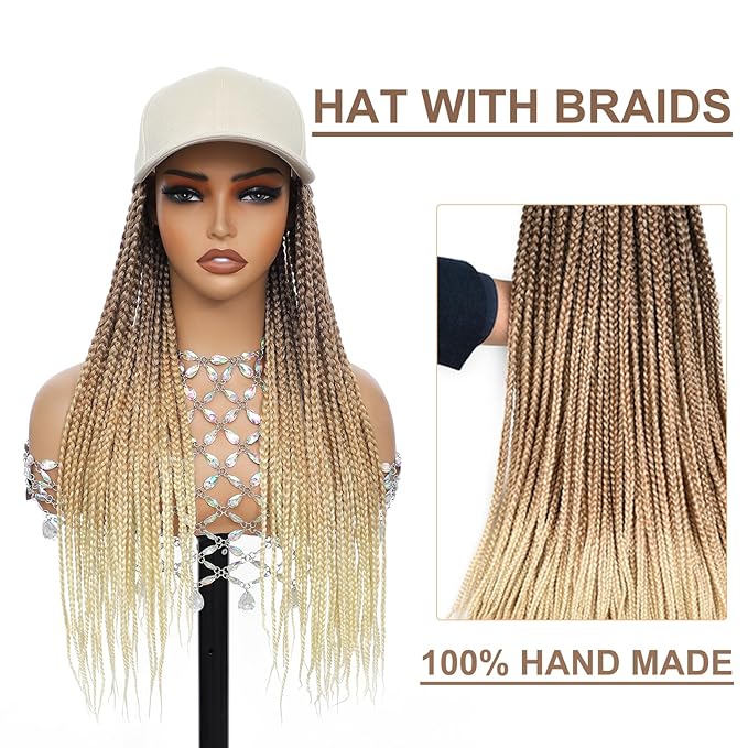 Hat Wig for Women Baseball Cap with blonde Braided Hair Attached 18inch long Synthetic Box Braid Wig Hat Adjustable Cap with ombre brown blonde light blonde Braids for Daily Outdoor Use