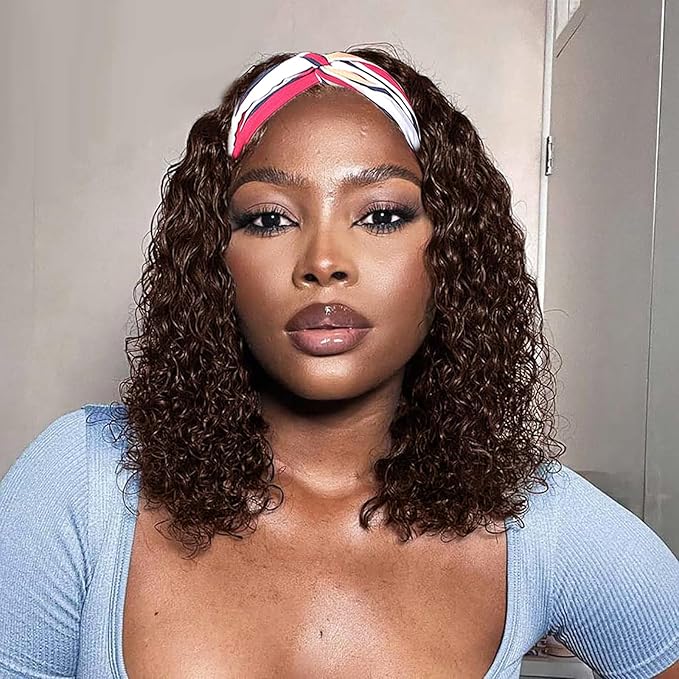 Chocolate Brown Deep WaveHeadband Wig Human Hair 16 Inch Machine Made None Lace Front Wig #4 Chocolate Brazilian Virgin Curly Headband Half Wigs for Black Women Human Hair
