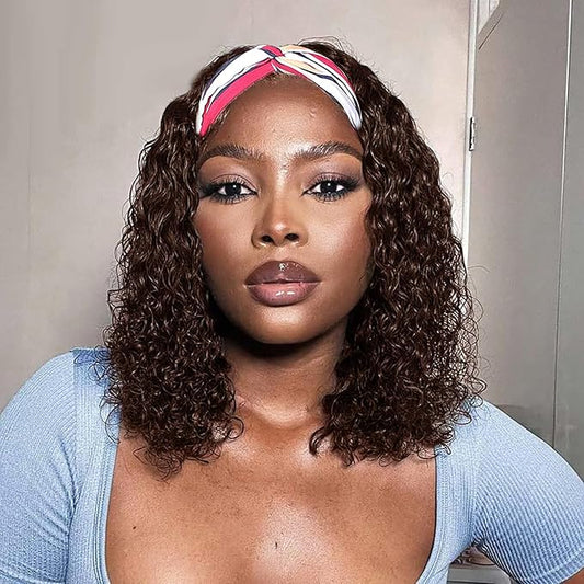 Chocolate Brown Deep WaveHeadband Wig Human Hair 16 Inch Machine Made None Lace Front Wig #4 Chocolate Brazilian Virgin Curly Headband Half Wigs for Black Women Human Hair