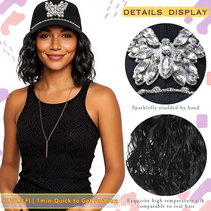 8-Inch Wavy Synthetic Hat Wig, Black Short Bob Wig for Women Ago, Baseball Cap with Hair Attached