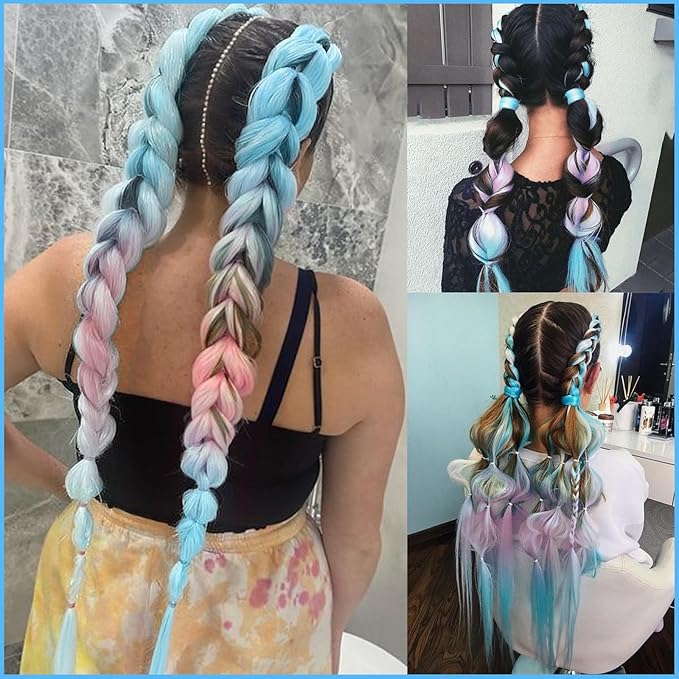 L.Blue/Pink/L.Blue Braiding Hair Pre Stretched 2 Packs Box Braids Hair Extensions 26 Inches Synthetic Pre Stretched Braiding Hair…