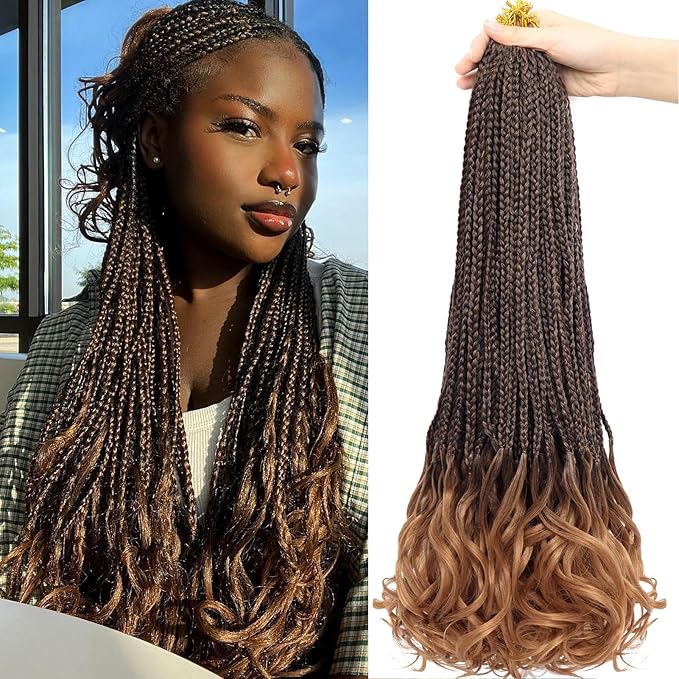French Curl Crochet Braids 22 Inch 8 Packs Goddess Box Braids Crochet Hair for Women Pre Looped Crochet Box Braid with Curly Ends Synthetic French Curly Braiding Hair Extensions (1B/30)