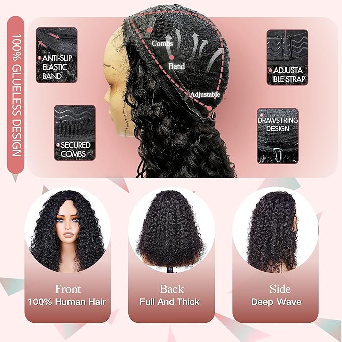 Deep Wave Half Wig Human Hair 26inch Wear and Go Glueless Curly Wig 200% Density 3 In 1 Seamless Flip Over Drawstring No Headband Wig for Black Women Beginner Friendly Natural Color
